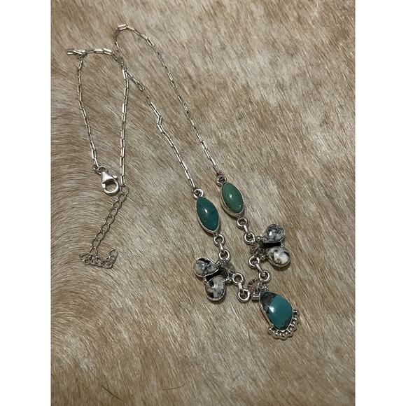 Native Navajo SW Sterling SilverWhite Buffalo & Green Turquoise Cluster Necklace - Picture 6 of 10